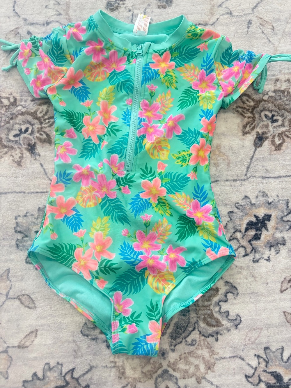 Cat & Jack Turquoise Floral One-Piece Swimsuit with Front Zip